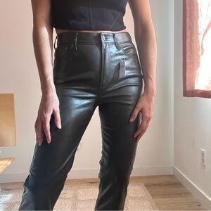 Brown faux leather pants 90s straight high rise
